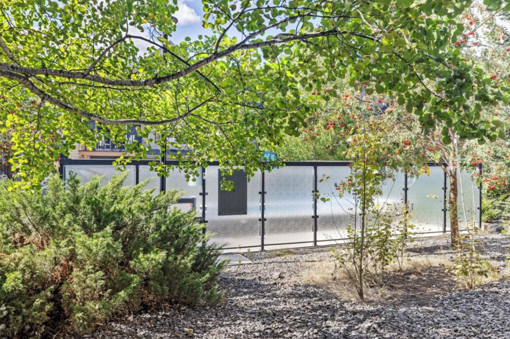 A modern building with a glass facade, surrounded by greenery and a gravel path.