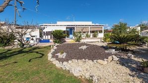 Een modern huis met een blauwe deur, omgeven door een tuin met een rotsrand en een palmboom.