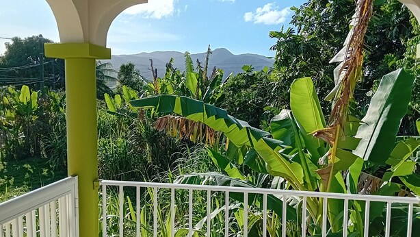 A covered balcony with a white railing, green pillars, and a view of lush greenery and distant mountains. - Top of Villa LA FLEUR DE CANNE (Lamentin)