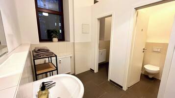 Shower, hair dryer, towels, toilet paper