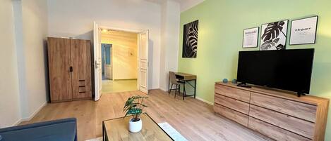 1 bedroom, desk, iron/ironing board, travel cot