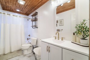 Shower, hair dryer, towels, toilet paper