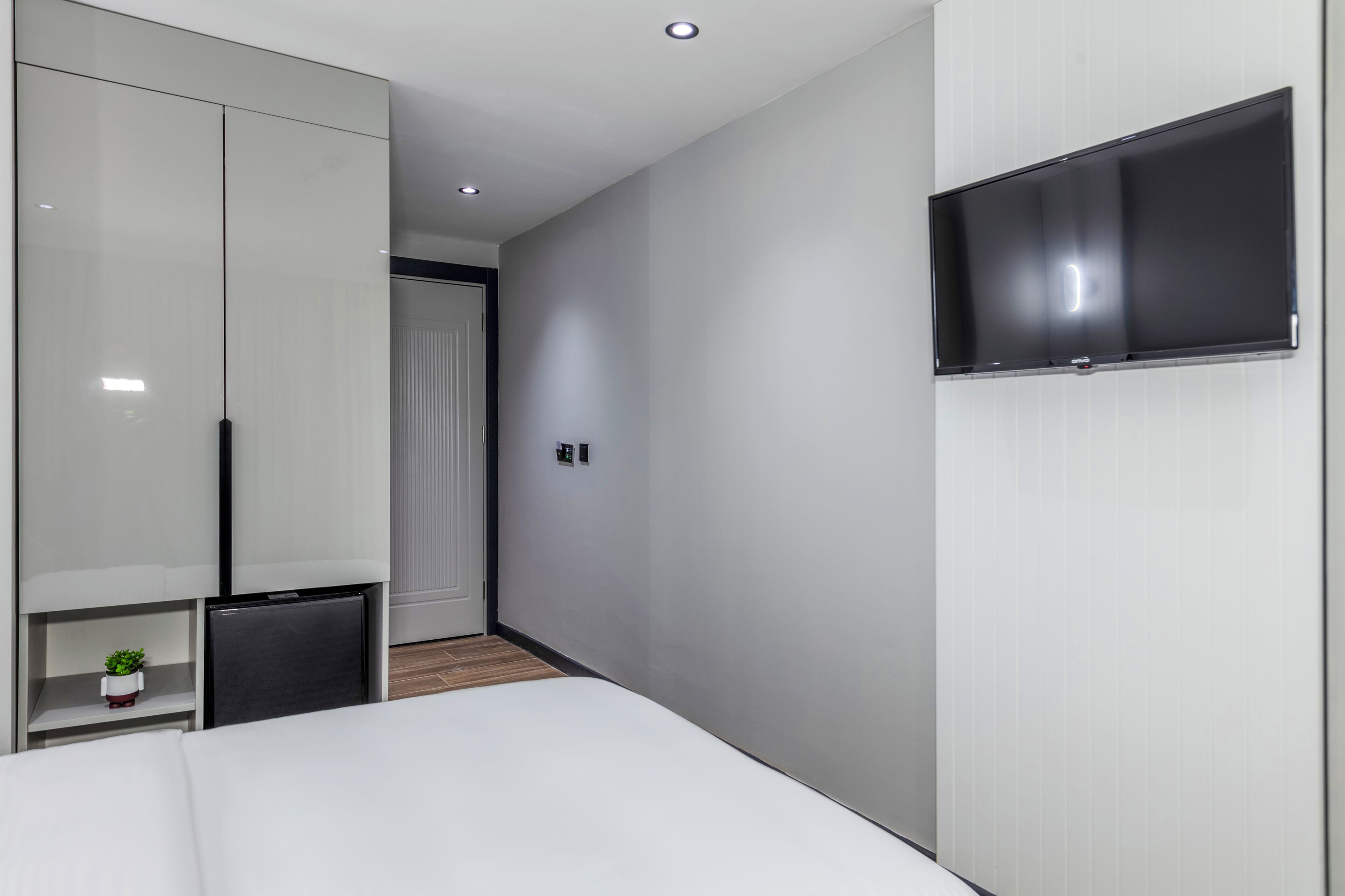 Una habitación de hotel moderna con cama, televisor montado en la pared, armario y una pequeña mesa con una planta.