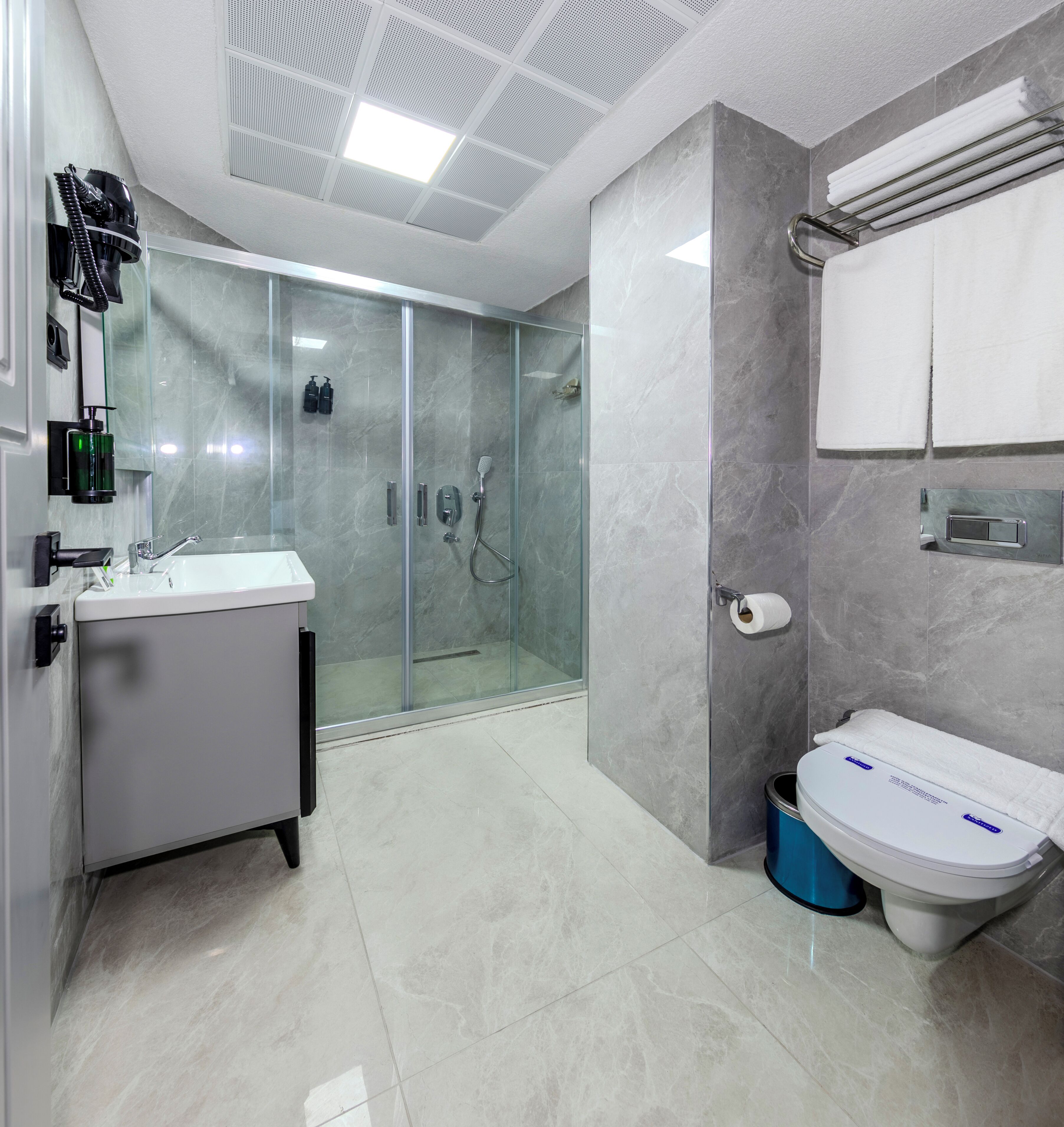 A modern bathroom with a glass-enclosed shower, a white sink, and a toilet with a blue tank.