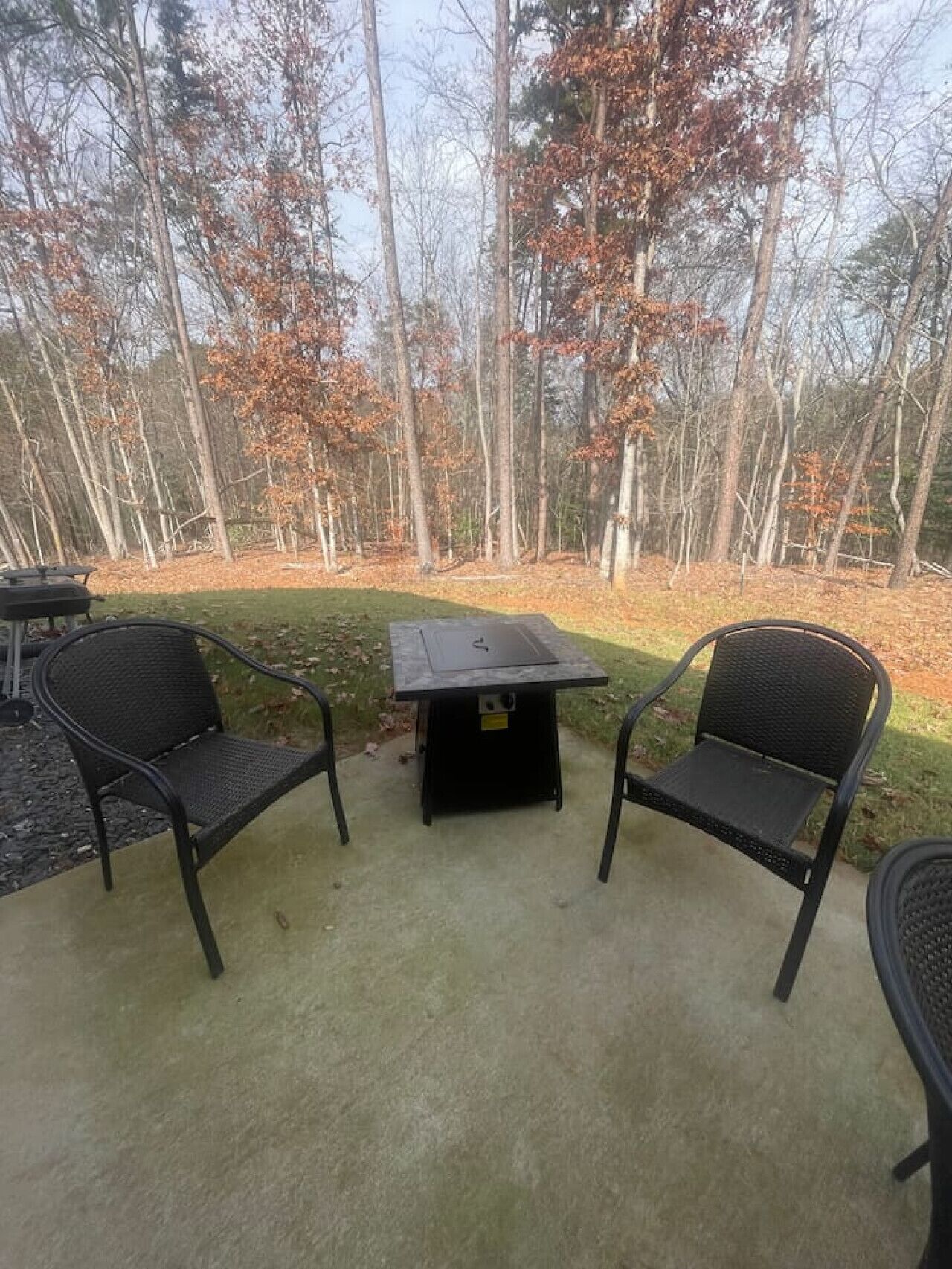An outdoor patio with a table and two chairs, surrounded by a forest.