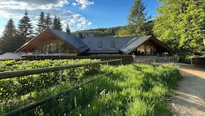A modern cabin with a sloped roof, large windows, and a wooden deck. - Recreation in the forest - with swimming pool! (Heßles)