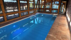 An indoor swimming pool with wooden walls and large windows. - Recreation in the forest - with swimming pool! (Heßles)
