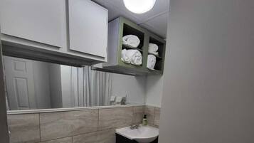 Regadera, toallas, jabón, papel de baño