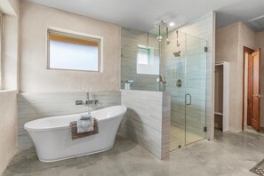 Shower, hair dryer, towels, soap