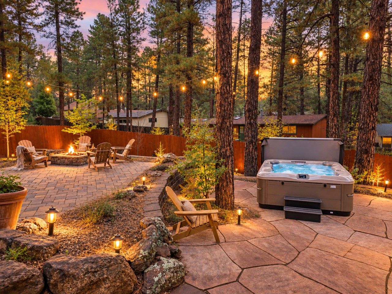 An outdoor patio with a hot tub, seating area, and string lights.