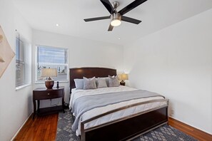 1 bedroom, desk, iron/ironing board, travel cot
