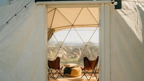 A tent labeled "The Crown" with a view of the landscape through the entrance. - A Cozy Fireside Glamping Escape with Ridge Views (Fallbrook)