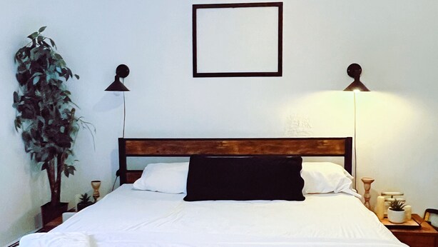 Una cama bien hecha con ropa blanca, un cabecero oscuro y una mesita de noche con una lámpara. Se ve una planta en maceta a la izquierda de la cama.