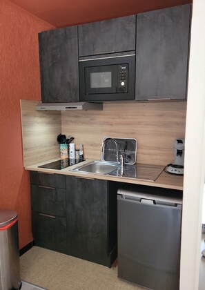 A compact kitchen with a microwave, sink, and dishwasher. - The groundhog (La Bresse)