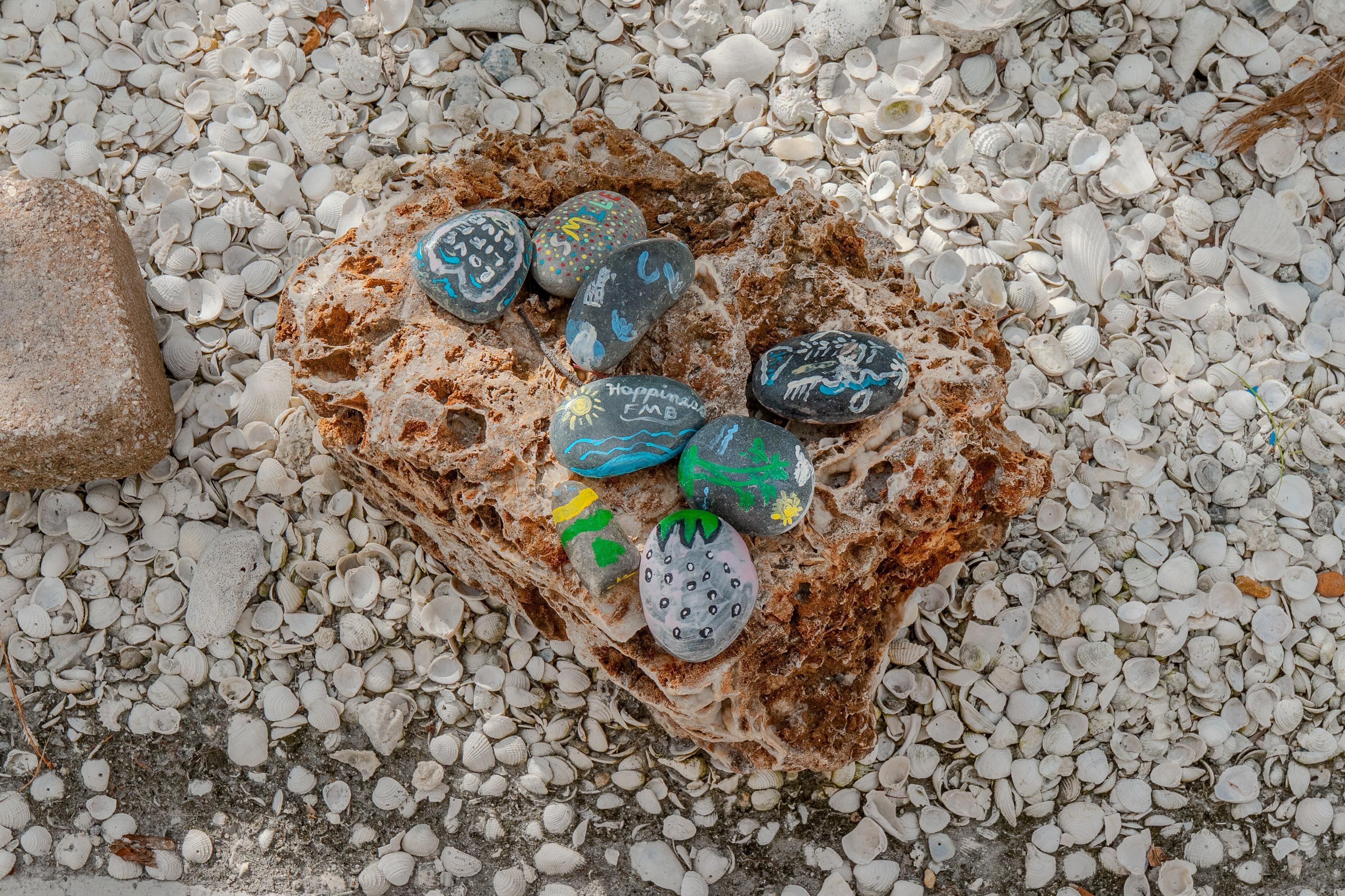Un ensemble de pierres peintes disposées sur une surface rocheuse.