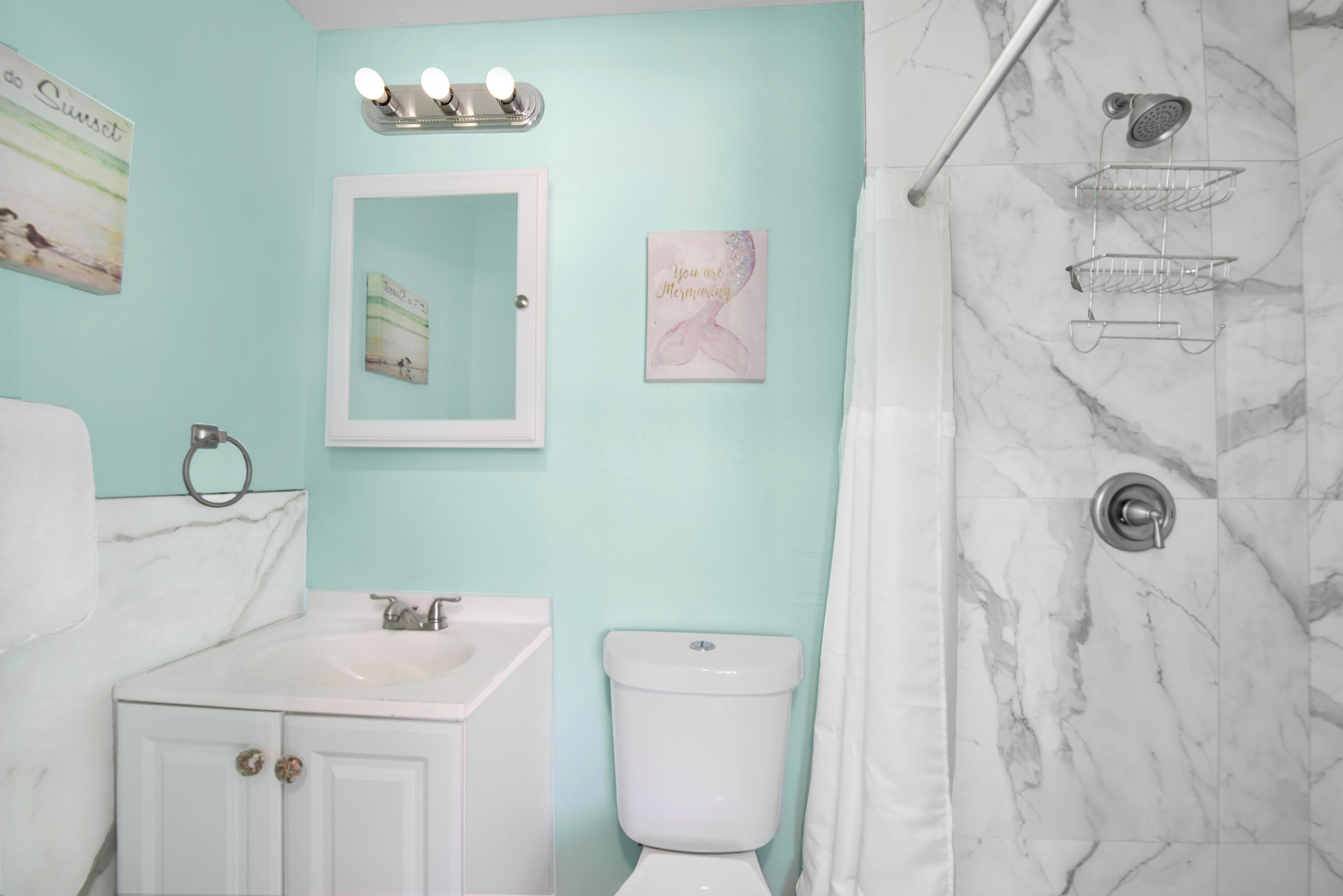 Une salle de bain avec un lavabo, des toilettes et une douche, le tout de couleur blanche. On y trouve des appliques murales, un porte-serviettes et un tableau encadré.