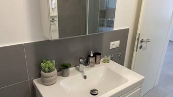 A bathroom with a white sink, a mirror above it, and a shower visible through the glass door.