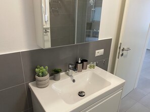 A bathroom with a white sink, a mirror above it, and a shower visible through the glass door. - Modern vacation home in the countryside and close to the city! (Koblenz)