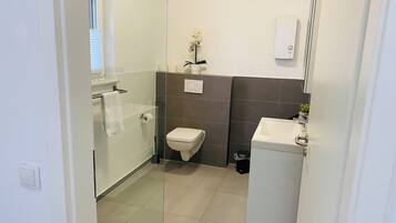 A modern bathroom with a glass shower enclosure, a toilet, a sink, and a small potted plant.