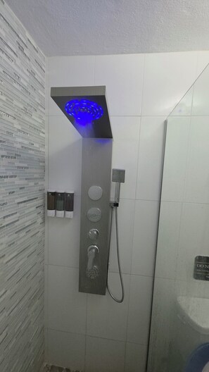 Hair dryer, towels, soap, toilet paper