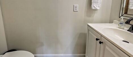 A bathroom with a toilet, a sink, and a mirror.