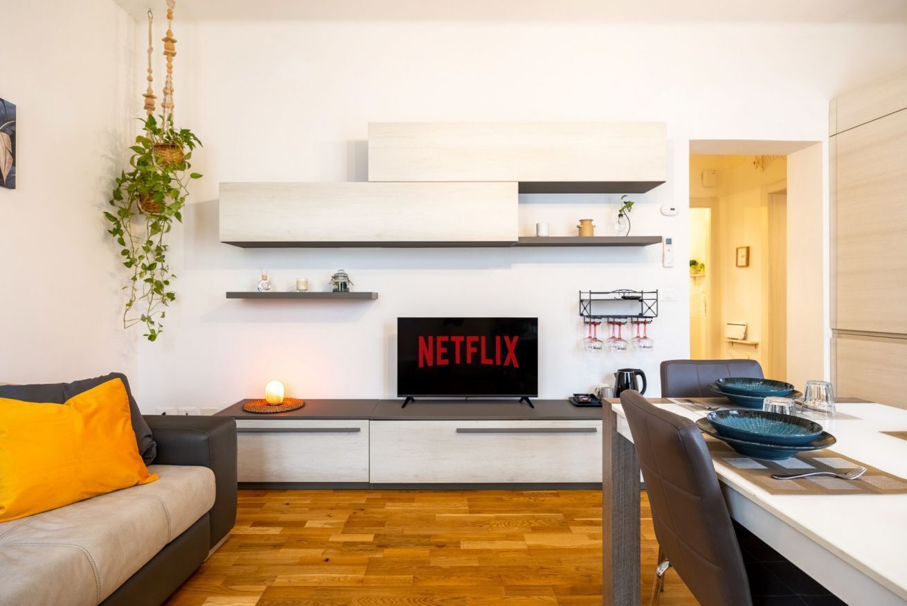 A modern living room with a sofa, a dining table with chairs, a TV displaying 'NETFLIX', and a hanging plant.