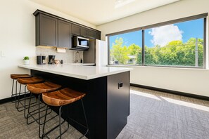 Fridge, microwave, coffee/tea maker, toaster