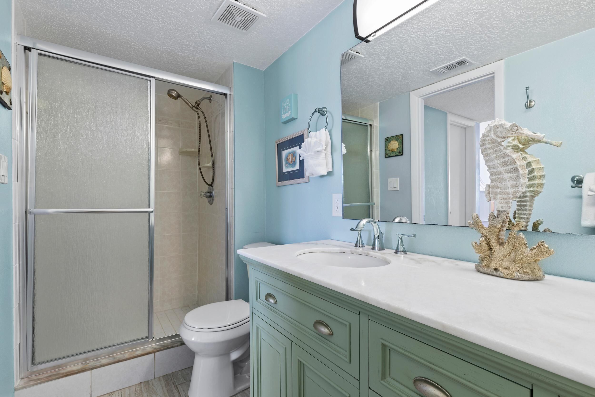 A bathroom with a glass shower enclosure, a white toilet, a sink with a mirror, and a decorative seahorse.