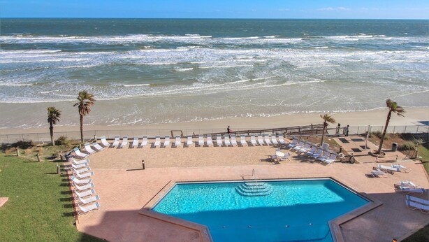 Uma área de piscina com vista para o oceano, cercada por espreguiçadeiras e palmeiras.