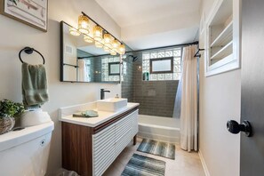 Hair dryer, towels, soap, toilet paper