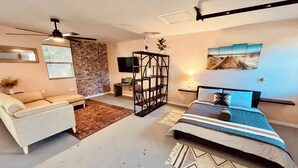 Quarto moderno com cama, sofá, televisão e estante de livros.