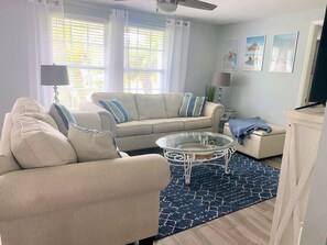 Smart TV, fireplace, books, computer monitors
