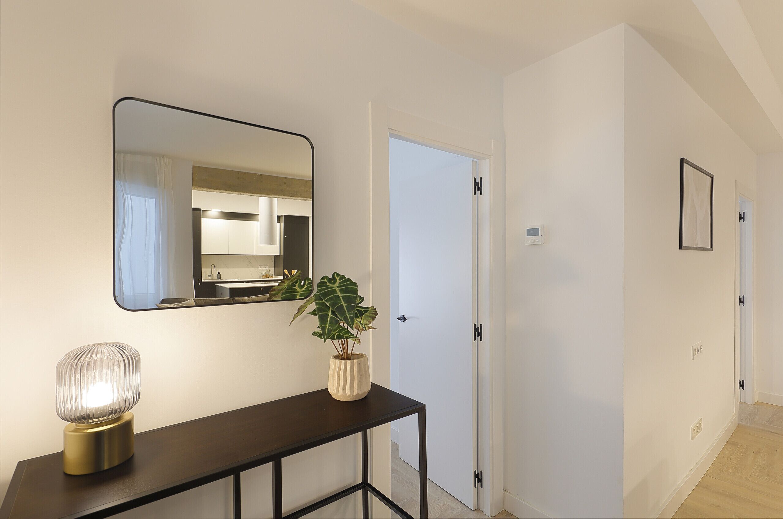 A hallway with a dark console table, a potted plant, a mirror, and a white door.