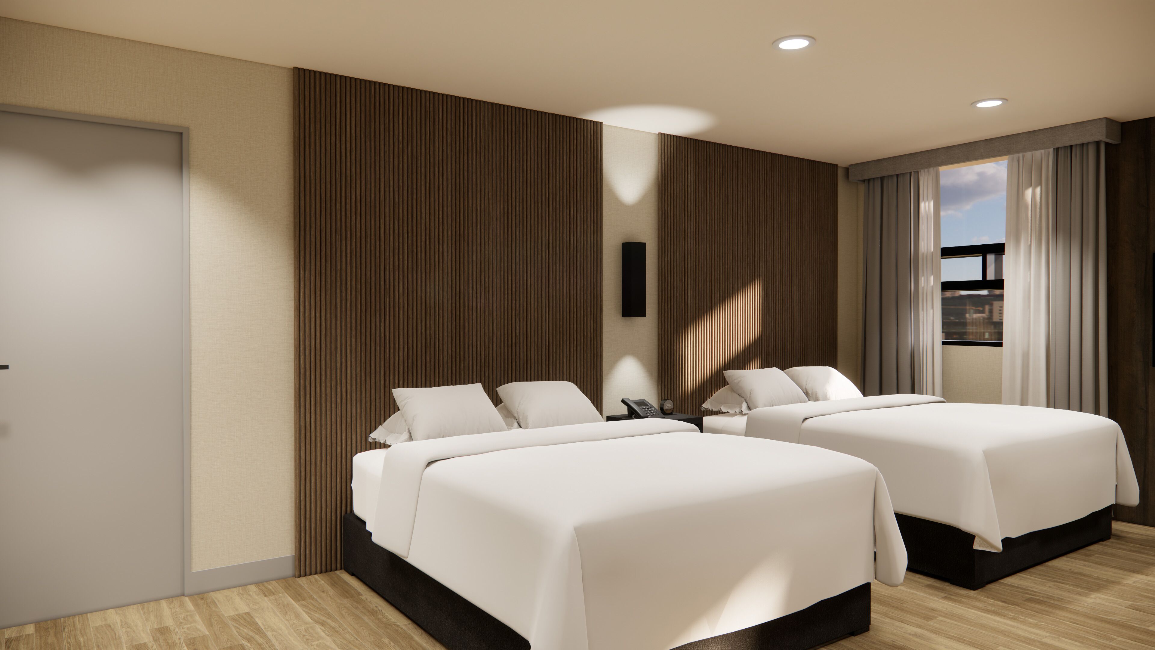 セーフティボックス (室内)、デスク、ノートパソコン用作業スペース、遮光カーテン