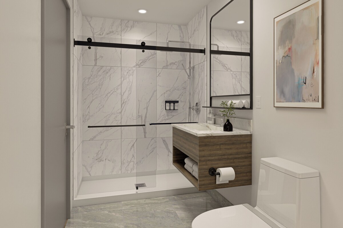Bathroom | Hair dryer, towels, soap, shampoo