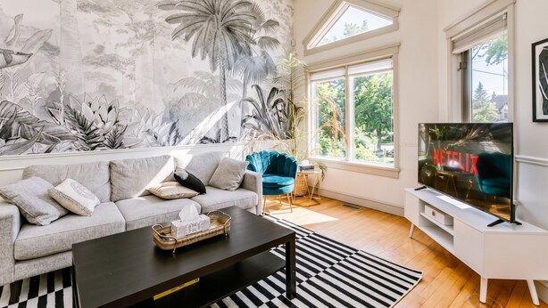 A living room with a large wall mural, a sofa, a coffee table, a TV, and a window with a view of trees.