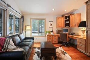 Smart TV, fireplace, books, offices