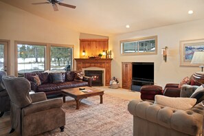 Smart TV, fireplace, books