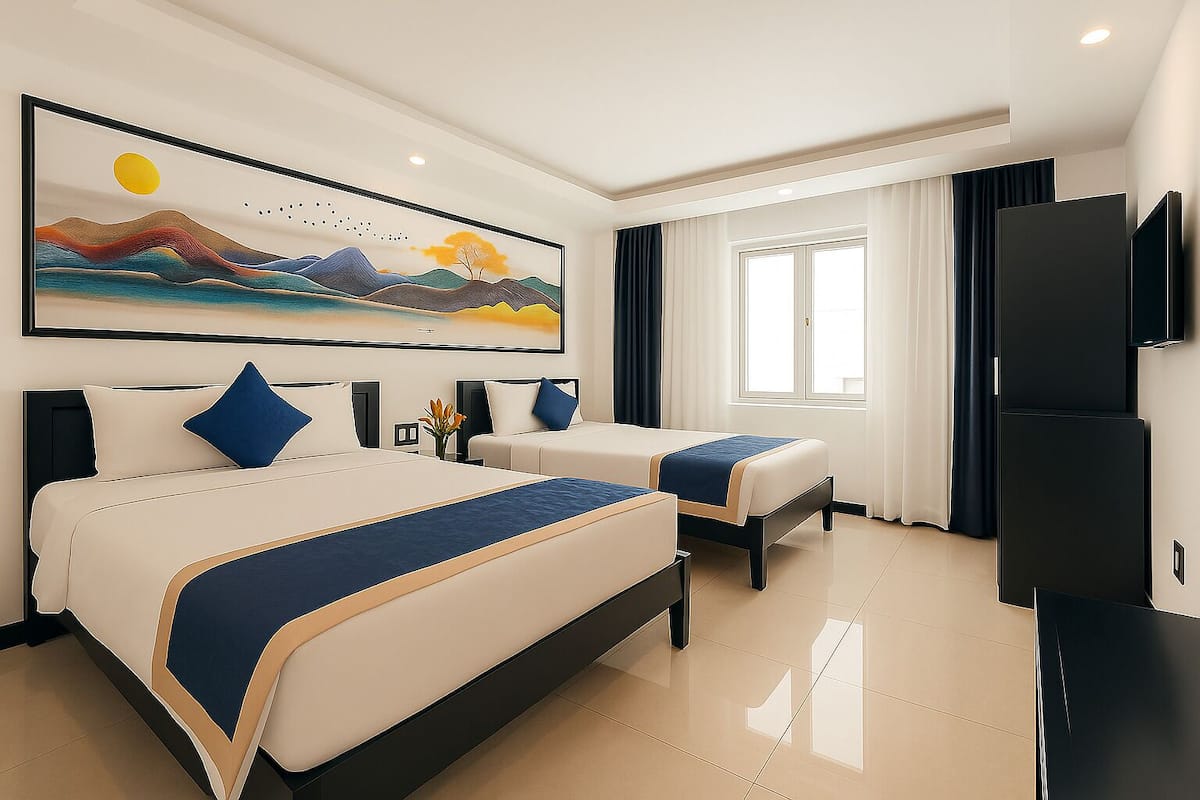 Familiekamer, 2 queensize bedden | Luxe beddengoed, een minibar, een kluis op de kamer, een bureau