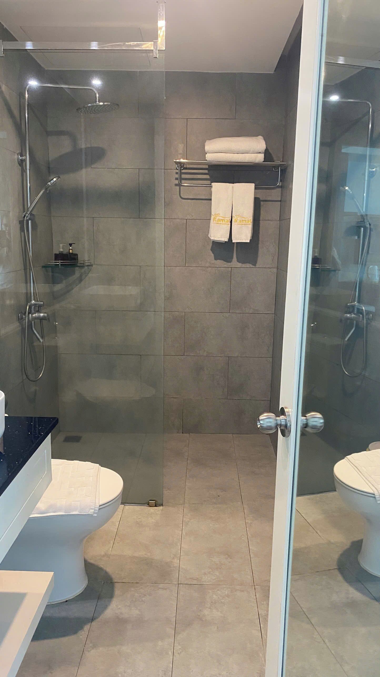A modern bathroom with a glass-enclosed shower, two toilets, and a glass door.