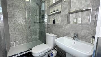 Shower, hair dryer, towels