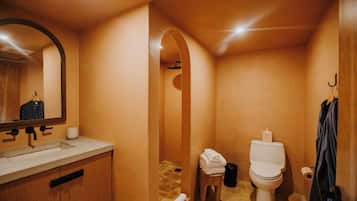 A compact bathroom with a wooden vanity, a toilet, and a mirror.