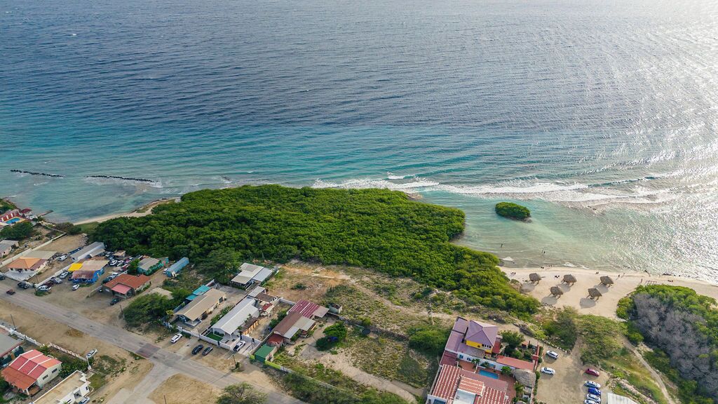 An aerial view of a coastal area with a small island, a beach, and a row of buildings with red roofs.