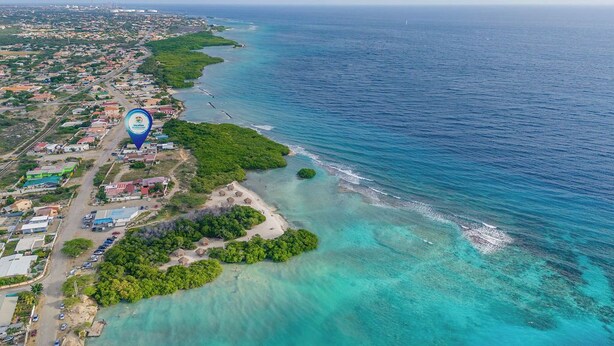 An aerial view of a coastal area with a beach, clear waters, and a dense urban area with buildings and roads.