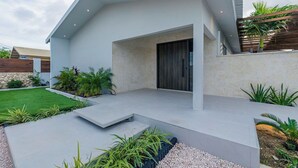 A modern house with a flat roof, a large dark door, and a well-maintained garden with various plants and a small lawn.