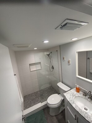 Ducha, secador de pelo, toallas, jabón