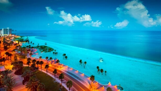 A coastal resort with a beachfront, palm trees, and a road leading to the beach.