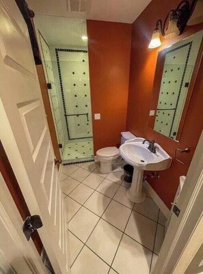 Chuveiro, secador de cabelo, toalhas de banho, papel higiênico