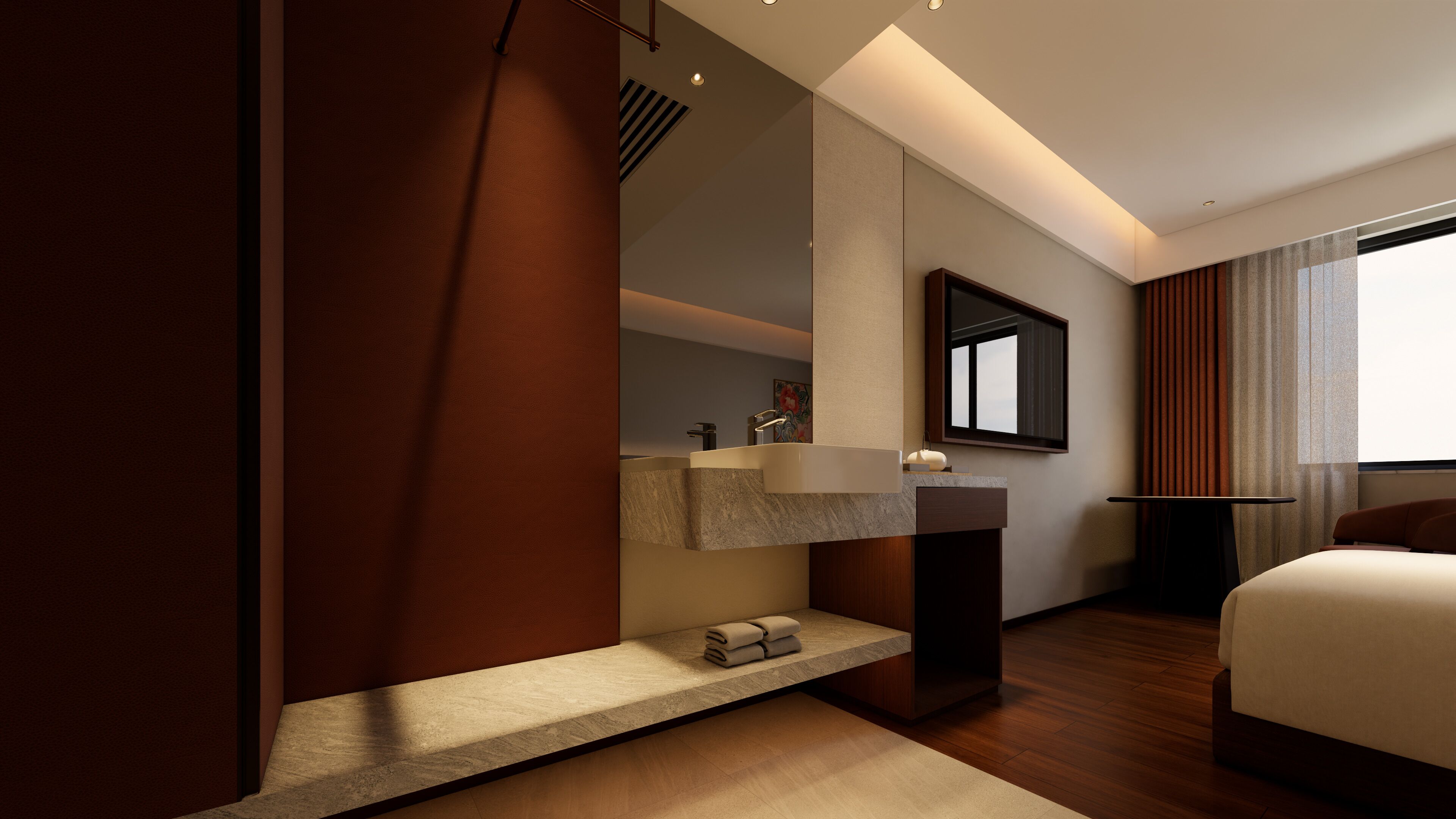 A modern hotel room with a large bed, a built-in vanity with a mirror, and a window with curtains.