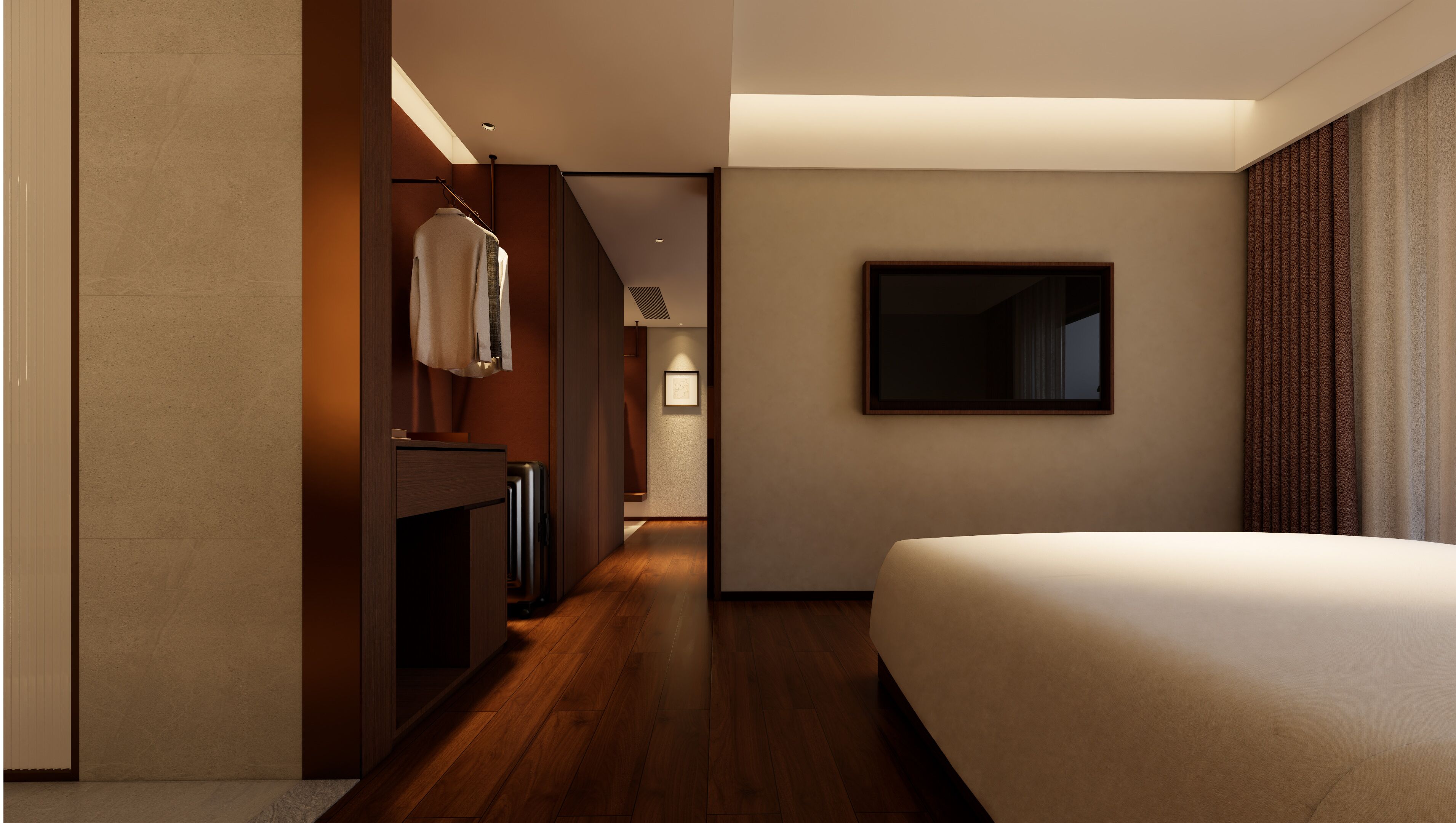 Una habitación de hotel con una cama grande, un armario, un espejo y un pasillo que da a un baño.